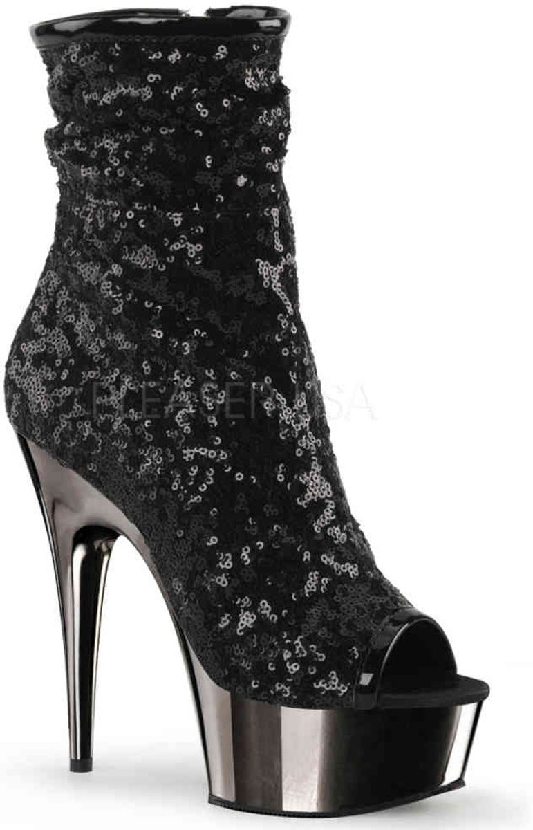 EU 37 = US 7 | DELIGHT-1008SQ | 6 Heel, 1 3/4 PF Peep Toe Sequins Ankle Boot, Side Zip